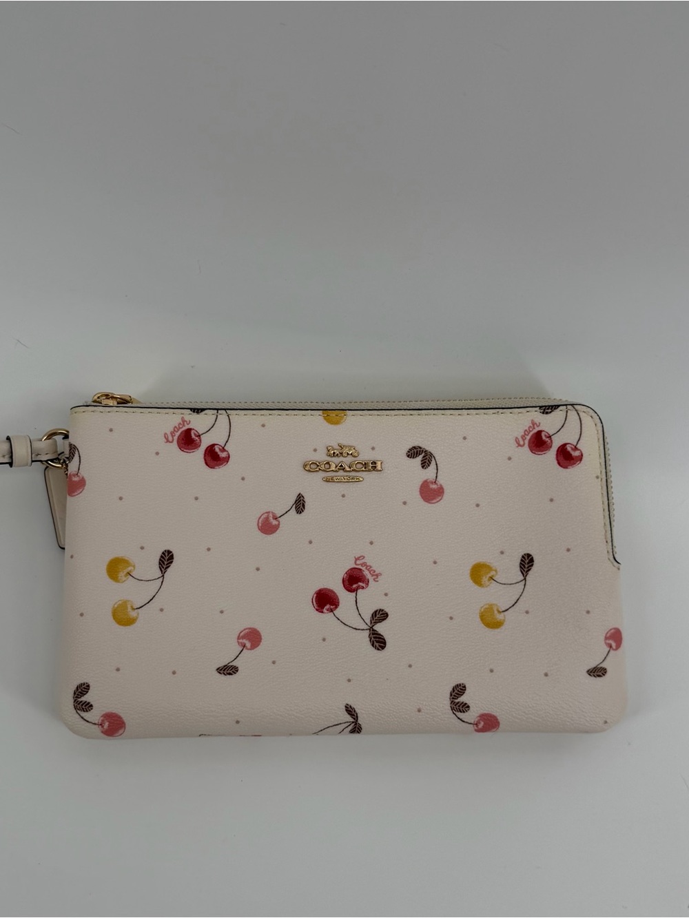 Coach Cherry Print Double Wallet Wristlet in Blush with Red and Yellow Cherries